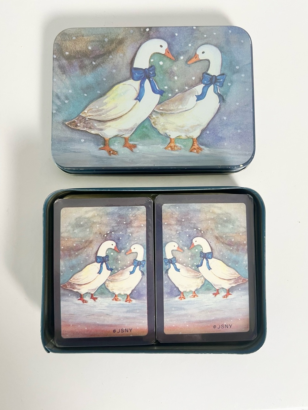 Vintage 1980s JSNY Winter Geese Playing Cards Bridge Set Sealed Metal Tin NIP